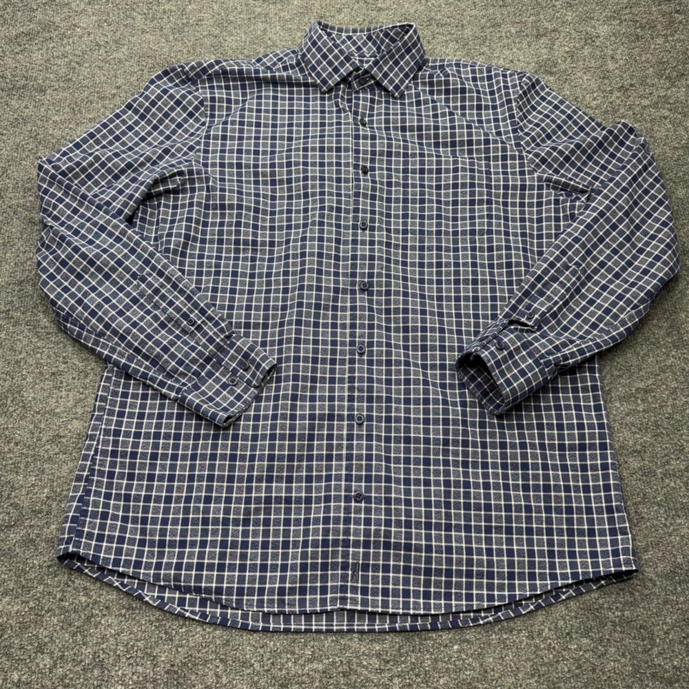 Johnnie-O Mens Navy White‎ Windowpane Check Cotton Button Down Shirt Large